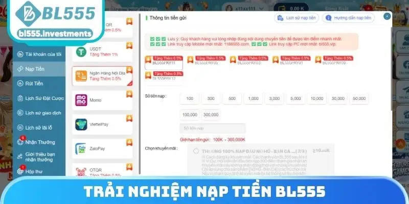 Trải nghiệm nạp tiền BL555